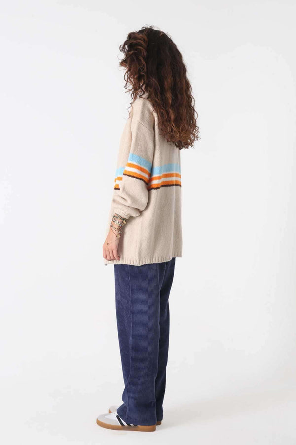 Bej Striped Triko Hırka - Kadın - snugbrandwear