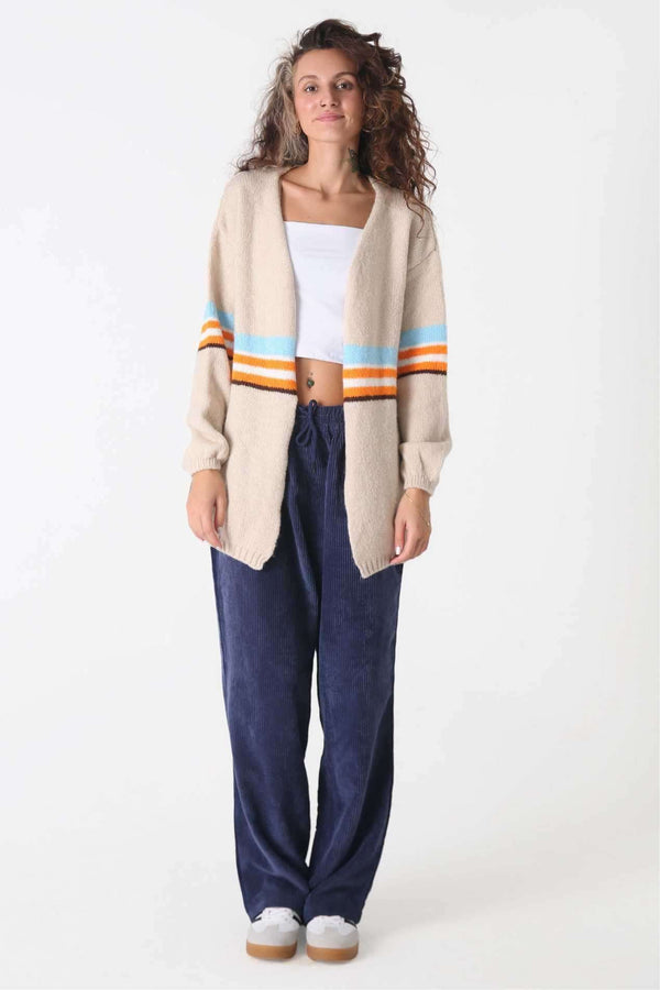 Bej Striped Triko Hırka - Kadın - snugbrandwear