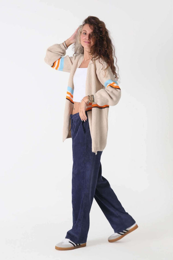 Bej Striped Triko Hırka - Kadın - snugbrandwear