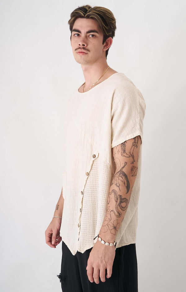 Beige Terra Limited Top for men featuring asymmetrical button detail and oversized fit, made from organic cotton-linen blend.