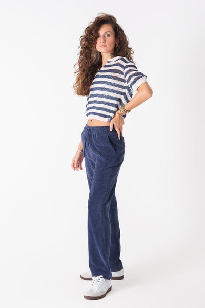 Navy Kadife Baggy Pantolon - Kadın